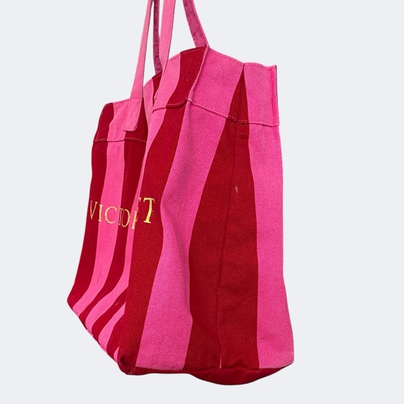 Victoria's Secret Pink Red Striped Canvas Tote Bag Metallic Beach Travel Summer - Picture 4 of 16